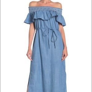 Moon River Chambray Off the Shoulder Maxi Dress S
